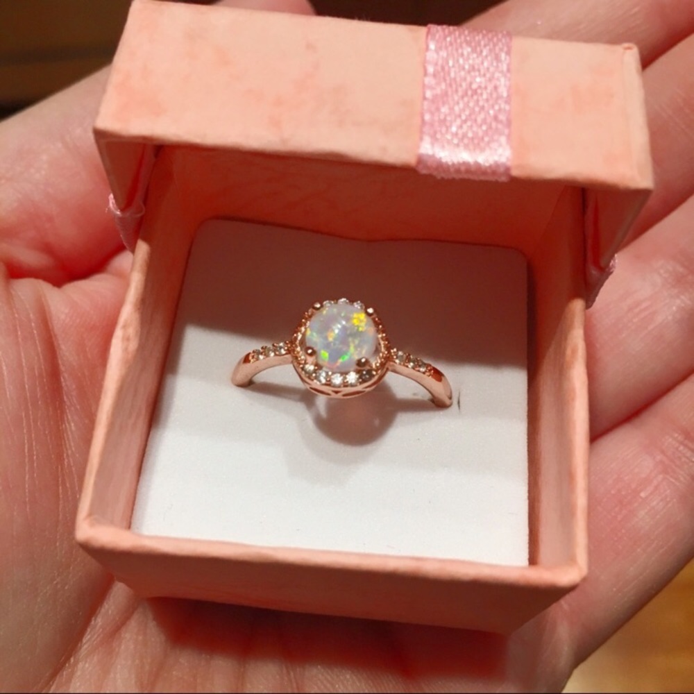 {Size 8} Round Fire Opal & CZ Rose Gold Ring - Picture 5 of 5